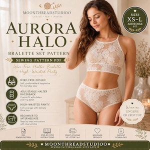 Bralette Sewing Pattern PDF, Lingerie Set Sewing Pattern, Halter Bralette & High Waist Panty, Wire-Free Bra, XS-L, Instant Download