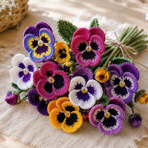 May include: A bouquet of crocheted pansy flowers in vibrant shades of purple, yellow, pink, and white. Each flower features detailed petals with dark centres and green stems, all tied together with a simple twine string to form a decorative arrangement.