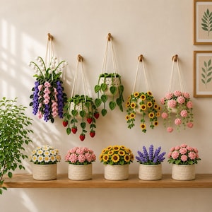May include: A collection of crocheted plant arrangements featuring hanging baskets with lilies, strawberries, ivy, sunflowers, and pink flowers, alongside potted crocheted daisies, pink blossoms, sunflowers, lavender, and roses on a wooden shelf.