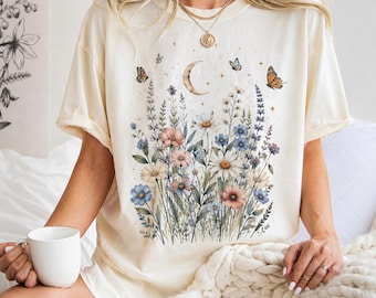 Blue Wildflower Bouquet Comfort Colors Shirt, Botanical Floral Graphic Tee