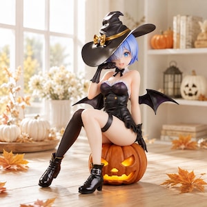 May include: A figurine of a character with short blue hair wearing a black witch hat with a gold bow, a black strapless outfit with white lace trim, black gloves, and black boots. The character sits on a glowing orange jack-o'-lantern pumpkin.