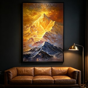 Hand-Painted Golden Mountain Peak Oil Painting, Dramatic Landscape Wall Art (Gallery-Wrapped Canvas)