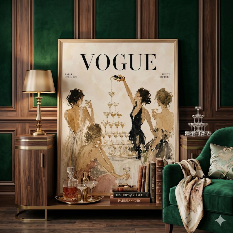 May include: A framed Vogue magazine cover art print with a champagne tower and figures in evening wear. The print has a vintage aesthetic, with the Vogue logo at the top. The scene is set in a room with a green velvet chair and a gold lamp.