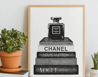 Fashion Book Stack Art, Perfume Bottle Print, Glam Room Wall Decor