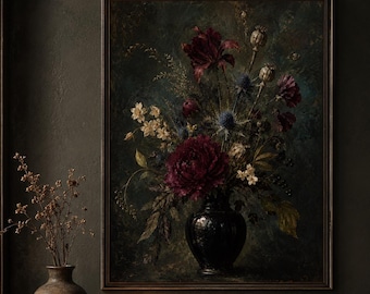 Dark Floral Still Life Wall Art Gothic Red Peony Bouquet Print Moody Botanical Vase Painting Vintage Flower Decor