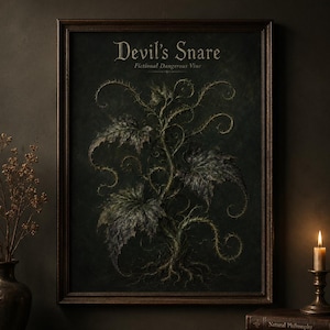May include: A framed botanical print featuring a dark green, thorny vine illustration labeled Devil's Snare Fictional Dangerous Vine. The artwork is displayed in a dark wooden frame, centered above a wooden surface with a vase and a candle.