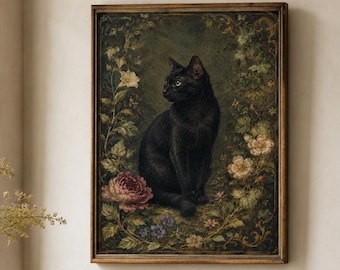 Black Cat Wall Art Print, Vintage Cat Portrait Poster, Old World Botanical Decor, Cat Lover Gift, Dark Academia Home Decor