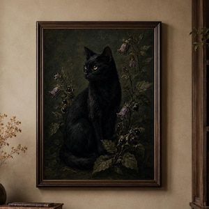 Black cat wall art print featuring a sleek black cat surrounded by belladonna flowers dark berries and moody foliage on a vintage gothic poison garden background.