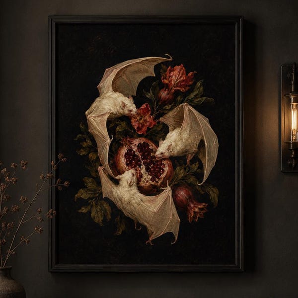 Lámina decorativa de murciélago frugívoro albino, póster botánico gótico, decoración de animales con granada, arte de pared estilo Dark Academia.