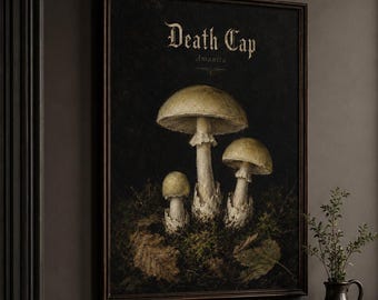 Death Cap Amanita Wall Art Print Vintage Mushroom Poster Poison Plant Guide Gothic Herbarium Dark Academia Art