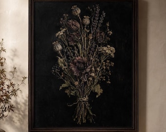 Moody Dried Wildflower Bouquet Wall Art Print Gothic Floral Poster Dark Academia Botanical Decor Vintage Still Life