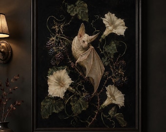 Albino Bat Moonflower Wall Art Print Gothic Botanical Poster Dark Academia Animal Decor Vintage Night Garden Art