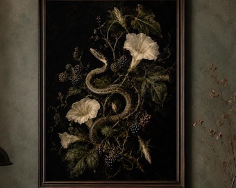 Snake Moonflower Wall Art Print Gothic Botanical Poster Dark Academia Animal Decor Blackberry Vine Night Garden Art