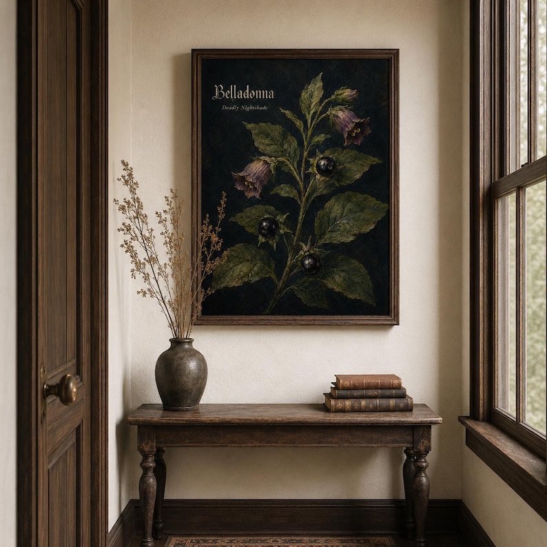 Belladonna wall art print featuring deadly nightshade with purple bell-shaped flowers glossy black berries green leaves and vintage text on a dark gothic botanical field guide background.