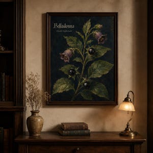 Belladonna wall art print featuring deadly nightshade with purple bell-shaped flowers glossy black berries green leaves and vintage text on a dark gothic botanical field guide background.