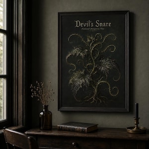 Devil’s Snare wall art print featuring a fictional dangerous vine with curling thorny tendrils and dark leaves on a moody gothic botanical field guide background.
