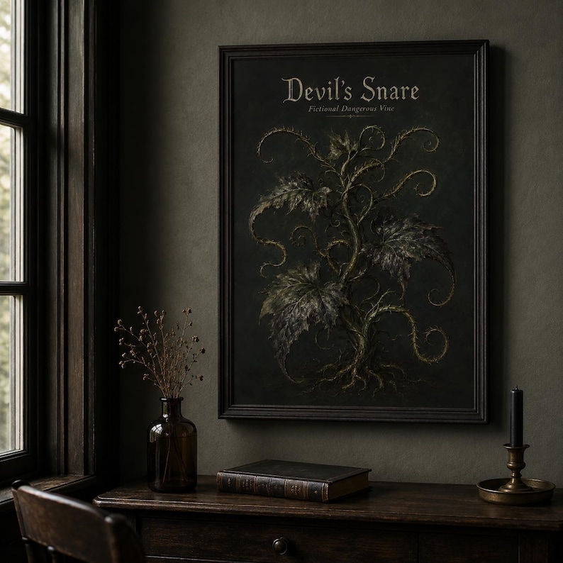 Devil’s Snare wall art print featuring a fictional dangerous vine with curling thorny tendrils and dark leaves on a moody gothic botanical field guide background.