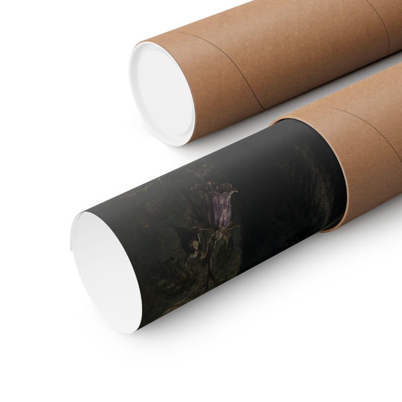 May include: A cylindrical cardboard shipping tube with a removable cap, containing a rolled-up art print. The visible portion of the print features a dark, moody botanical illustration of a single purple bell-shaped flower with green leaves.
