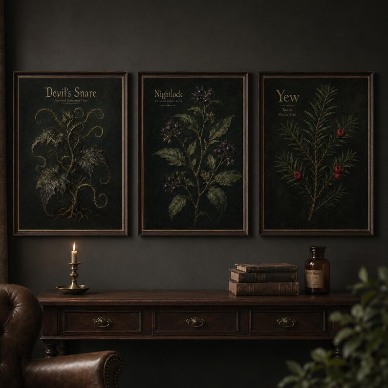 Devil’s Snare wall art print featuring a fictional dangerous vine with curling thorny tendrils and dark leaves on a moody gothic botanical field guide background.