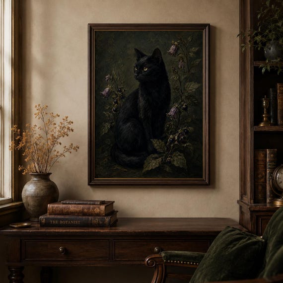Black Cat Belladonna Wall Art Print Poison Garden Gothic Botanical Poster Dark Academia Decor Vintage Cat Portrait