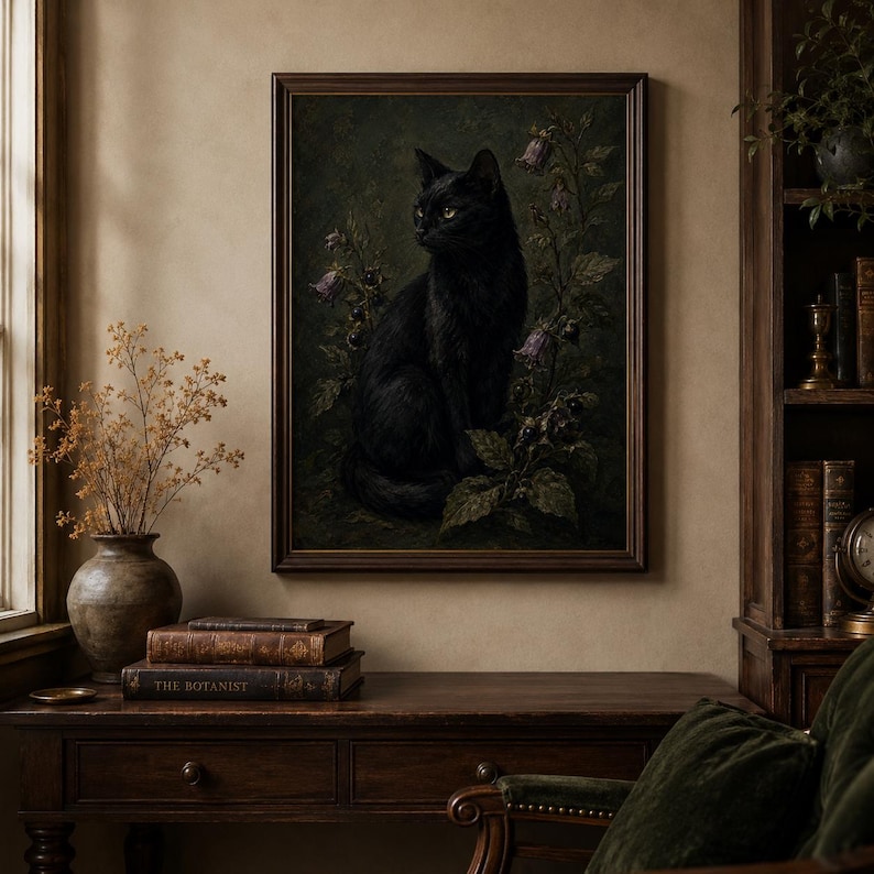 Black cat wall art print featuring a sleek black cat surrounded by belladonna flowers dark berries and moody foliage on a vintage gothic poison garden background.