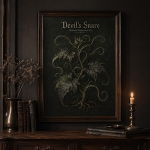 Devil’s Snare wall art print featuring a fictional dangerous vine with curling thorny tendrils and dark leaves on a moody gothic botanical field guide background.