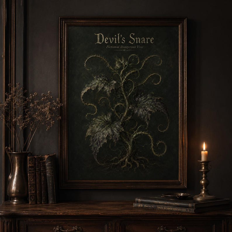 Devil’s Snare wall art print featuring a fictional dangerous vine with curling thorny tendrils and dark leaves on a moody gothic botanical field guide background.