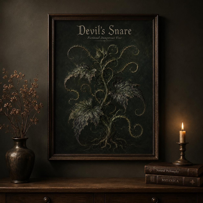 Devil’s Snare wall art print featuring a fictional dangerous vine with curling thorny tendrils and dark leaves on a moody gothic botanical field guide background.