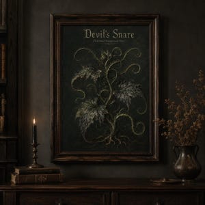 Devil’s Snare wall art print featuring a fictional dangerous vine with curling thorny tendrils and dark leaves on a moody gothic botanical field guide background.