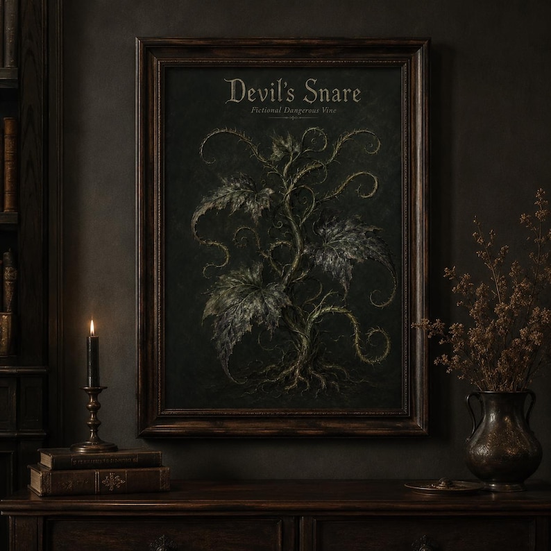 Devil’s Snare wall art print featuring a fictional dangerous vine with curling thorny tendrils and dark leaves on a moody gothic botanical field guide background.