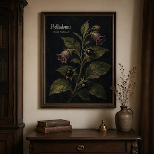 Belladonna wall art print featuring deadly nightshade with purple bell-shaped flowers glossy black berries green leaves and vintage text on a dark gothic botanical field guide background.