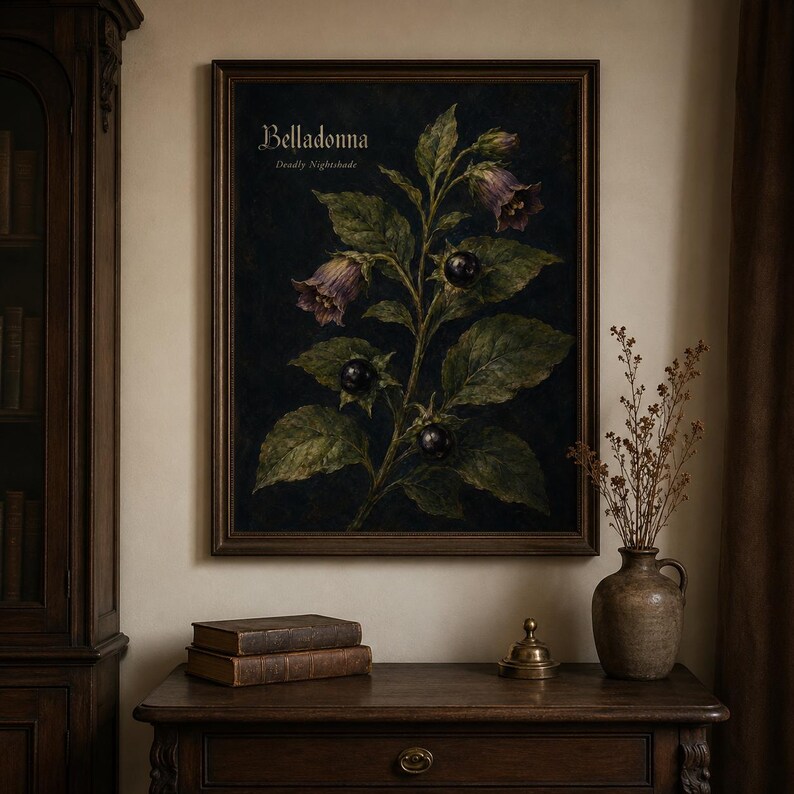 Belladonna wall art print featuring deadly nightshade with purple bell-shaped flowers glossy black berries green leaves and vintage text on a dark gothic botanical field guide background.