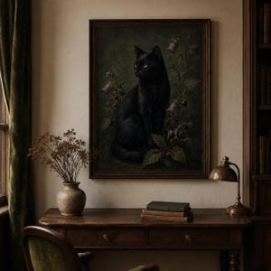 Black cat wall art print featuring a sleek black cat surrounded by belladonna flowers dark berries and moody foliage on a vintage gothic poison garden background.