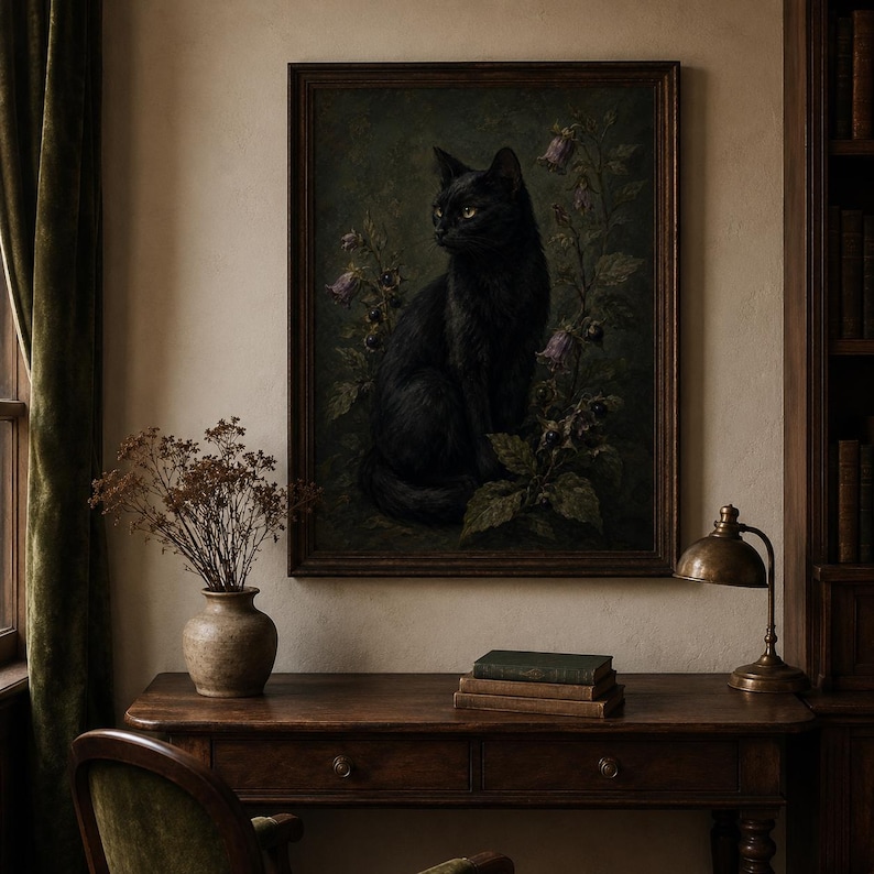 Black cat wall art print featuring a sleek black cat surrounded by belladonna flowers dark berries and moody foliage on a vintage gothic poison garden background.