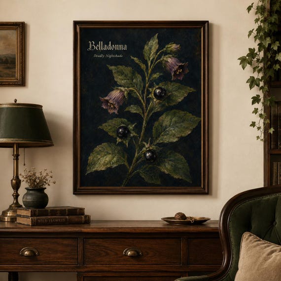 Belladonna Deadly Nightshade Wall Art Print Vintage Botanical Poster Poison Garden Decor Gothic Herbarium Field Guide Dark Academia