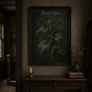 Devil’s Snare wall art print featuring a fictional dangerous vine with curling thorny tendrils and dark leaves on a moody gothic botanical field guide background.