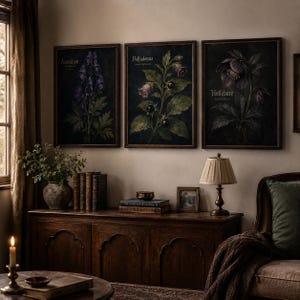 Belladonna wall art print featuring deadly nightshade with purple bell-shaped flowers glossy black berries green leaves and vintage text on a dark gothic botanical field guide background.