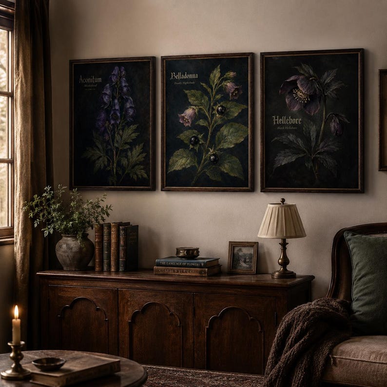 Belladonna wall art print featuring deadly nightshade with purple bell-shaped flowers glossy black berries green leaves and vintage text on a dark gothic botanical field guide background.