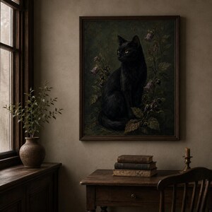 Black cat wall art print featuring a sleek black cat surrounded by belladonna flowers dark berries and moody foliage on a vintage gothic poison garden background.