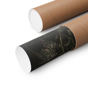 May include: A cylindrical brown cardboard shipping tube containing a rolled art print. The visible portion of the print features a dark, moody botanical illustration of a textured, weathered leaf with intricate veins against a black background.