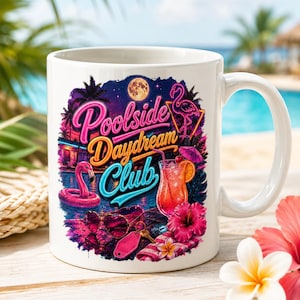 Tasse rétro néon flamant rose au bord de la piscine Daydream Club, verres d'été tropical (11 oz)