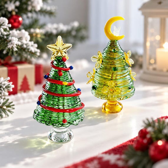 Mini Handcrafted Glass Christmas Tree Figurine, Tabletop Holiday Ornament, Unique Xmas Gift Decor
