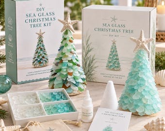 May include: A DIY sea glass Christmas tree kit including two boxes, two cone-shaped tree forms covered in blue and green sea glass, a white starfish topper, a divided tray of sea glass pieces, a bottle of adhesive, and an instruction card.