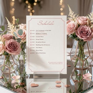 Peut inclure: Une carte de programme de mariage avec une bordure rose et du texte, présentée sur une surface miroir. La carte est flanquée d'arrangements floraux dans des vases géométriques. Des pétales de roses roses et des confettis sont éparpillés sur la table.
