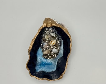 Handmade Oyster Shell Ring Dish, Blue Coastal Trinket Tray, Seashell Jewelry Holder