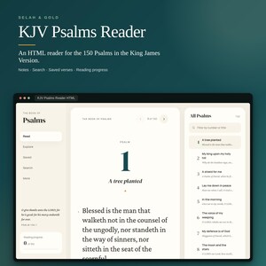 May include: A digital interface titled KJV Psalms Reader displayed on a screen. The layout features a sidebar with navigation options, a central reading pane showing Psalm 1, and a right-hand list of all psalms with a search bar.
