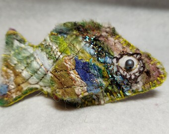 Fantasy Bass Fish Brooch Fiber Embellished Needle Felted Handmade