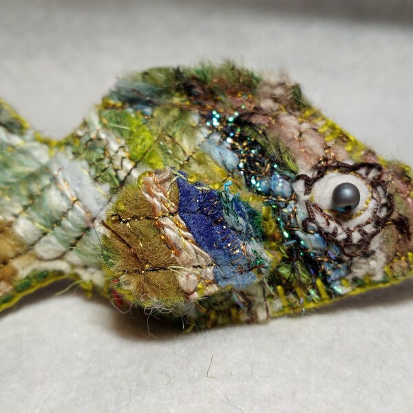 Fantasy Bass Fish Brooch Fiber Embellished Needle Felted Handmade