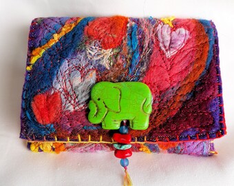 Heart Textile Fiber Embellished Needle Felted Pouch Jewelry Pouch