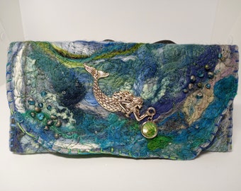 Mermaid Fiber Embellished Needle Felted Statement Wallet Clutch Mermaid Ocean